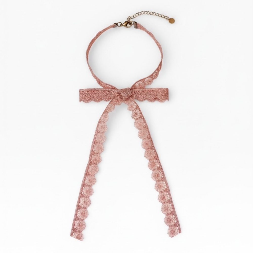VTG Pink Lace Bow Choker Necklace - Vintage